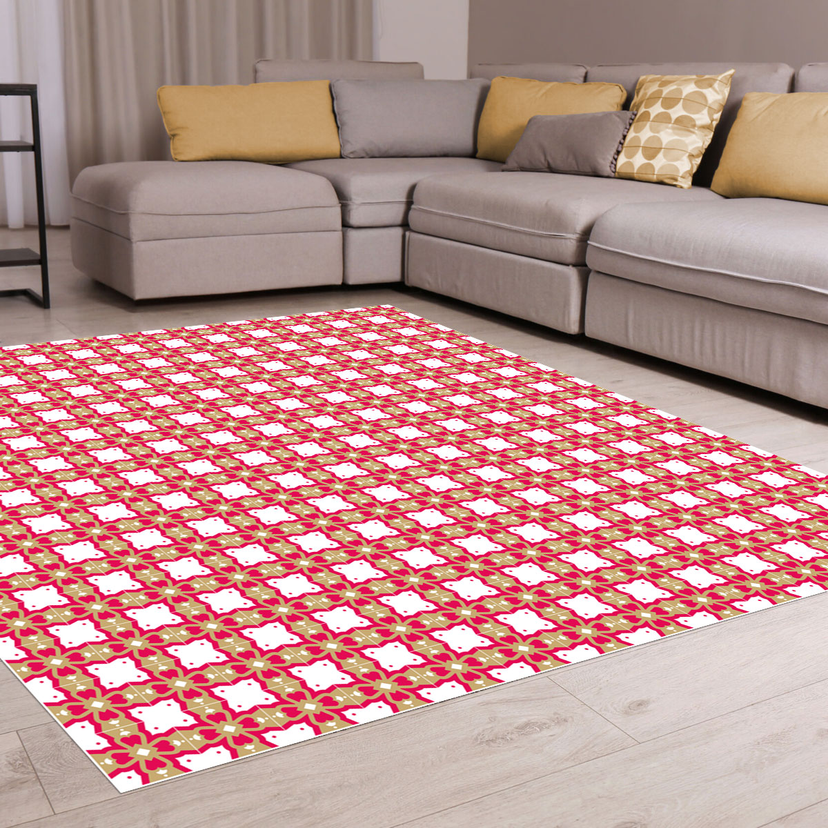 Tapis vinyle Carreaux de ciment Fleur de plume framboise et or