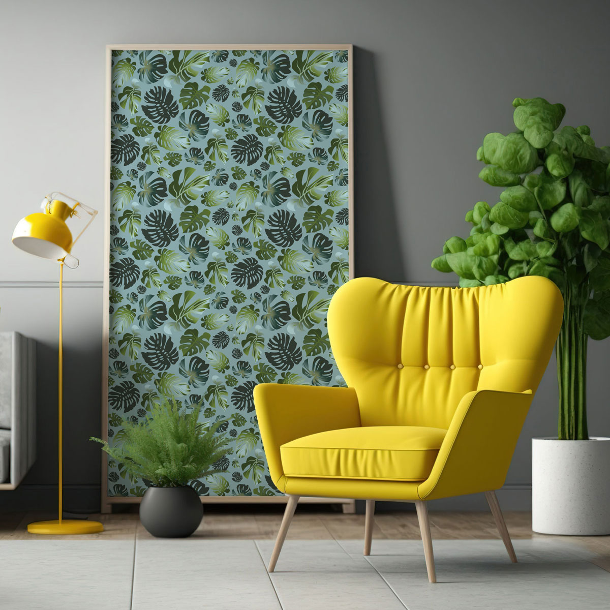 Adhésif meuble motif végétal Feuillage monstera fd vert d'eau gris