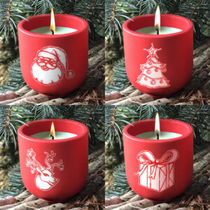 Ensemble de 4 Bougies artisanales de Noël en pots rouges faits main et illustrations exclusives - Créations Mon Carré Créatif.