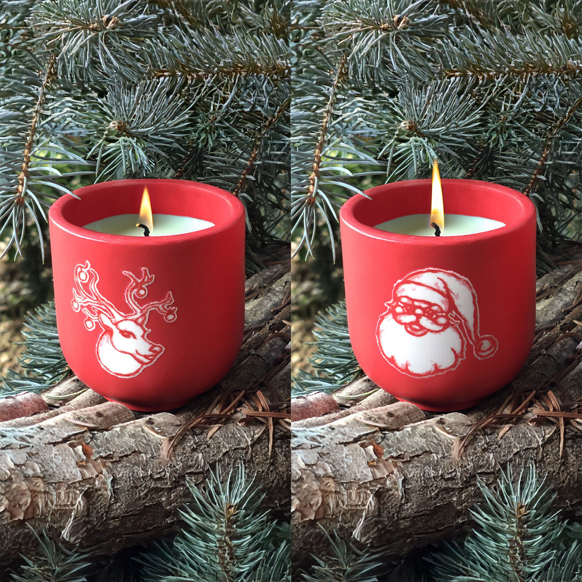 Lot de 2 Bougies artisanales de Noël en pots rouges faits main - Illustrations exclusives Père Noël et Renne - Créations Mon Carré Créatif.