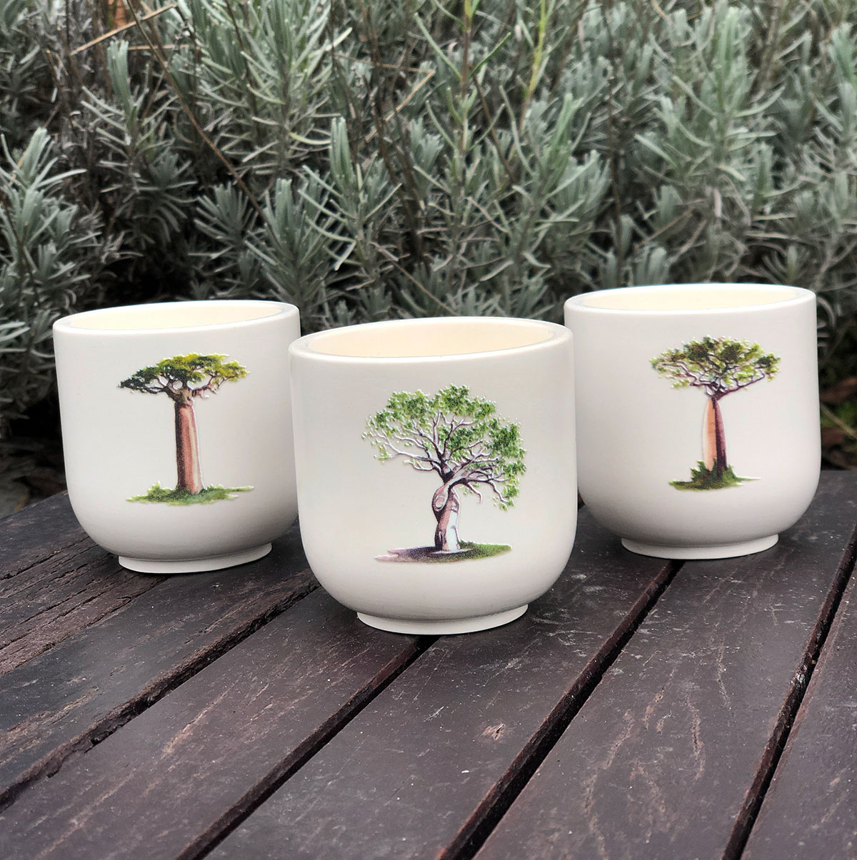 Lots de 3 Bougies artisanales Baobabs de Madagascar en pots écrus faits main et illustrations exclusives - Création Mon Carré Créatif.