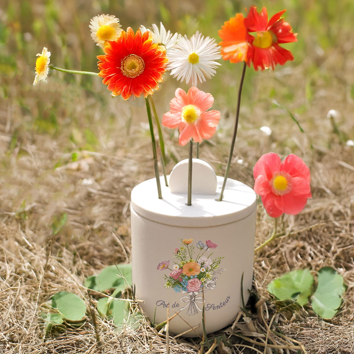Pot de senteur fait main, illustration Bouquet romantique ton pastel, double usage vase décoration - Mon carré créatif