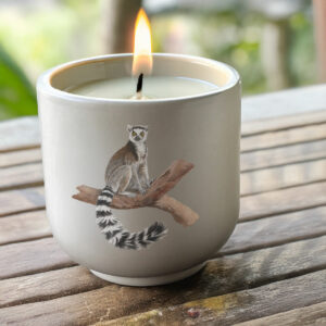 Bougie artisanale lémurien maki catta en pot écru fait main et illustration exclusive - Création Mon Carré Créatif.