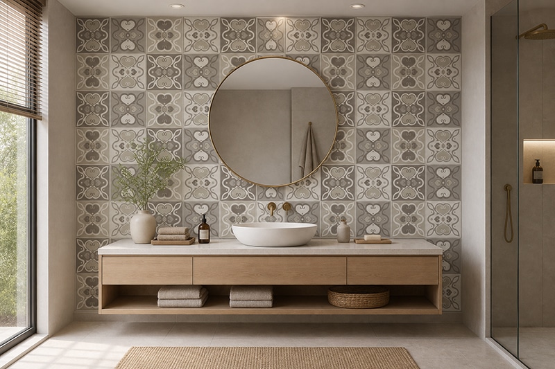 Crédence adhésive Carreaux de ciment Duos de cœurs taupe - Création déco Mon Carré Créatif