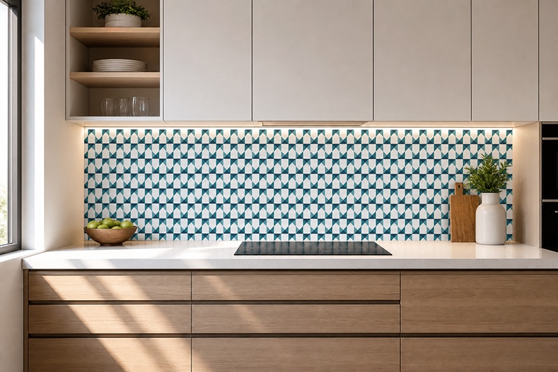 Crédence adhésive géométrique Damier clouté camaïeu de vert et blanc - Création déco Mon Carré Créatif