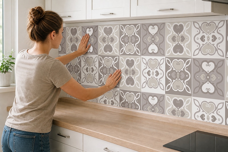 Pose facile crédence adhésive Carreaux de ciment Duos de cœurs taupe - Création déco Mon Carré Créatif