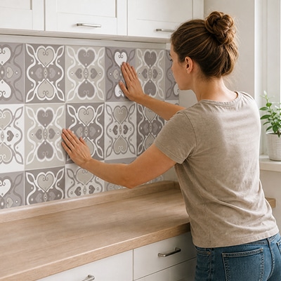 Pose d'une crédence adhésive carreaux de ciment dans une cuisine rénovée sans travaux