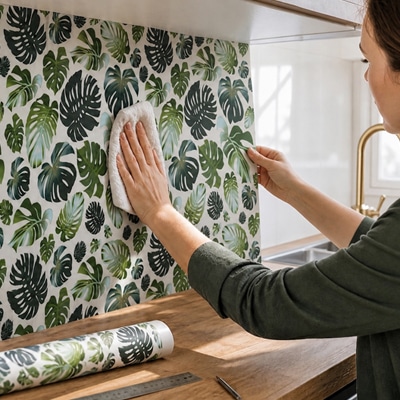 Pose d'une crédence adhésive végétale motif Monstera dans une cuisine