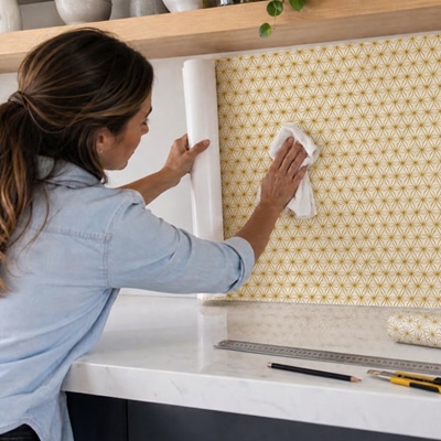 Application d'une crédence adhésive géométrique dans une cuisine moderne