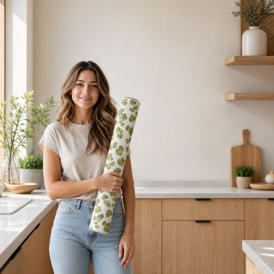 Pose d'une crédence adhésive sur un mur lisse dans une cuisine moderne