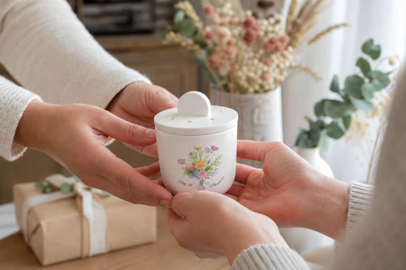 Pot de senteur fleuri offert de main à main comme cadeau décoratif