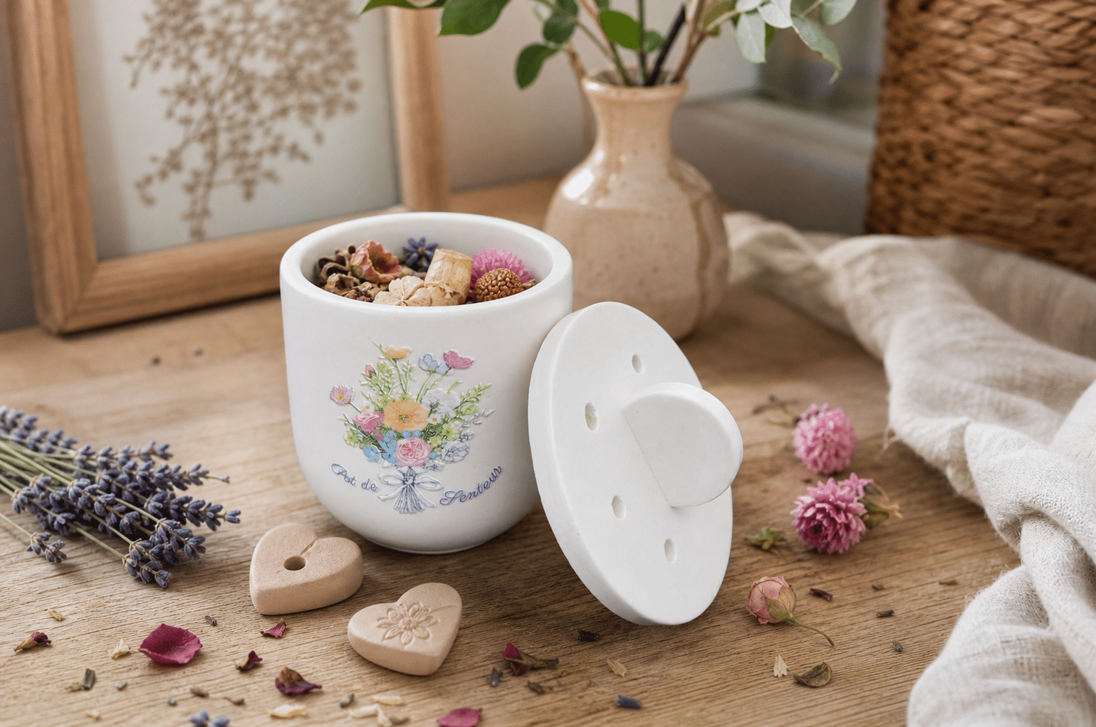 Pot de senteur Bouquet Romantique pastel ouvert avec différents éléments parfumés et fleurs séchées
